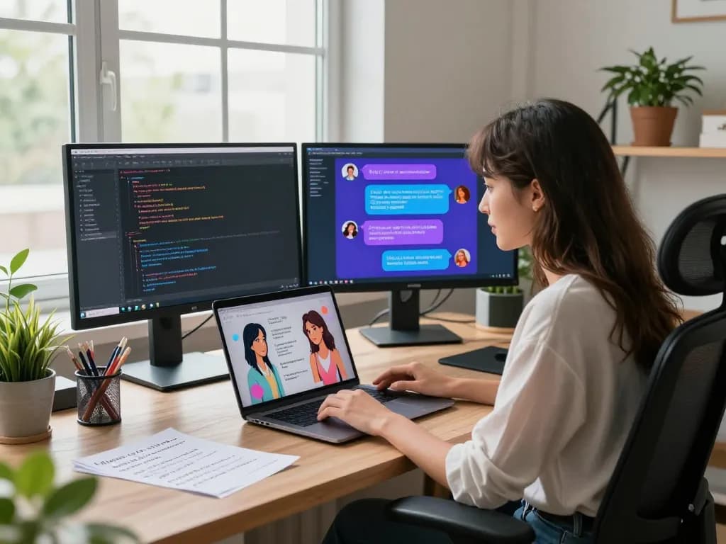 A young woman chatting with her girlfriend AI on a modern laptop in a stylish tech workspace, showcasing emotional connection.