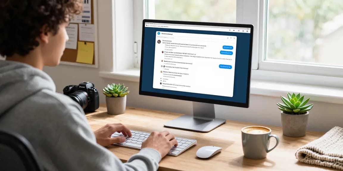 Engaged user navigating Telegram Web Version on a sleek laptop in a modern home office.