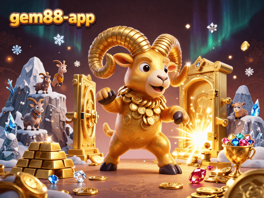 Experience gem88-app's thrilling world with a golden ram charging through a treasure-filled scene.
