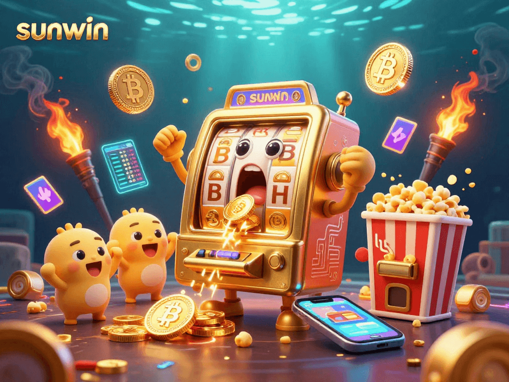 Experience the excitement of sunwin as golden slot machines celebrate hitting jackpots amidst glowing crypto coins.