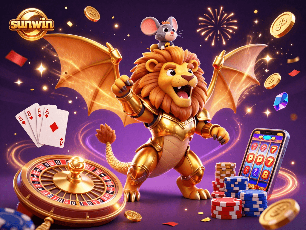 Experience thrilling gameplay with sunwin in a vibrant 3D casino scene featuring a roaring chimera and dynamic gambling action.