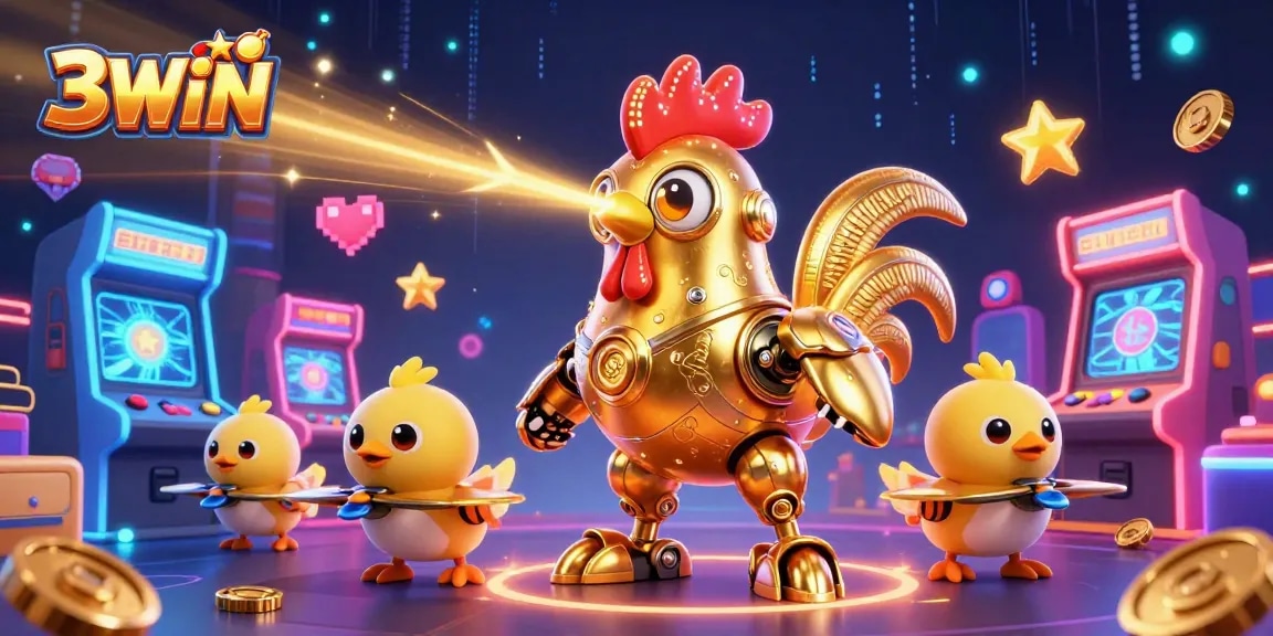 Engage with 3WIN's vibrant gaming world featuring a golden rooster robot and baby chick drones in action.