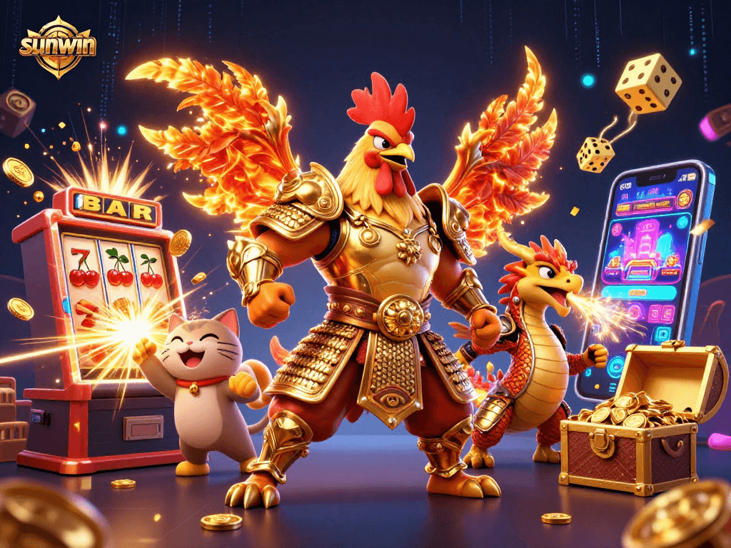 Experience the thrill of sunwin's dynamic jackpot with a powerful rooster warrior and dragon hatchling.