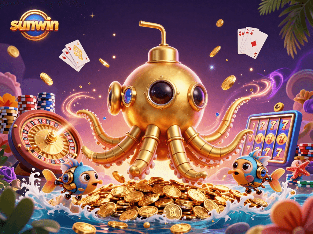 Experience the thrill of sunwin with dynamic 3D casino elements bursting from a golden kraken scene.