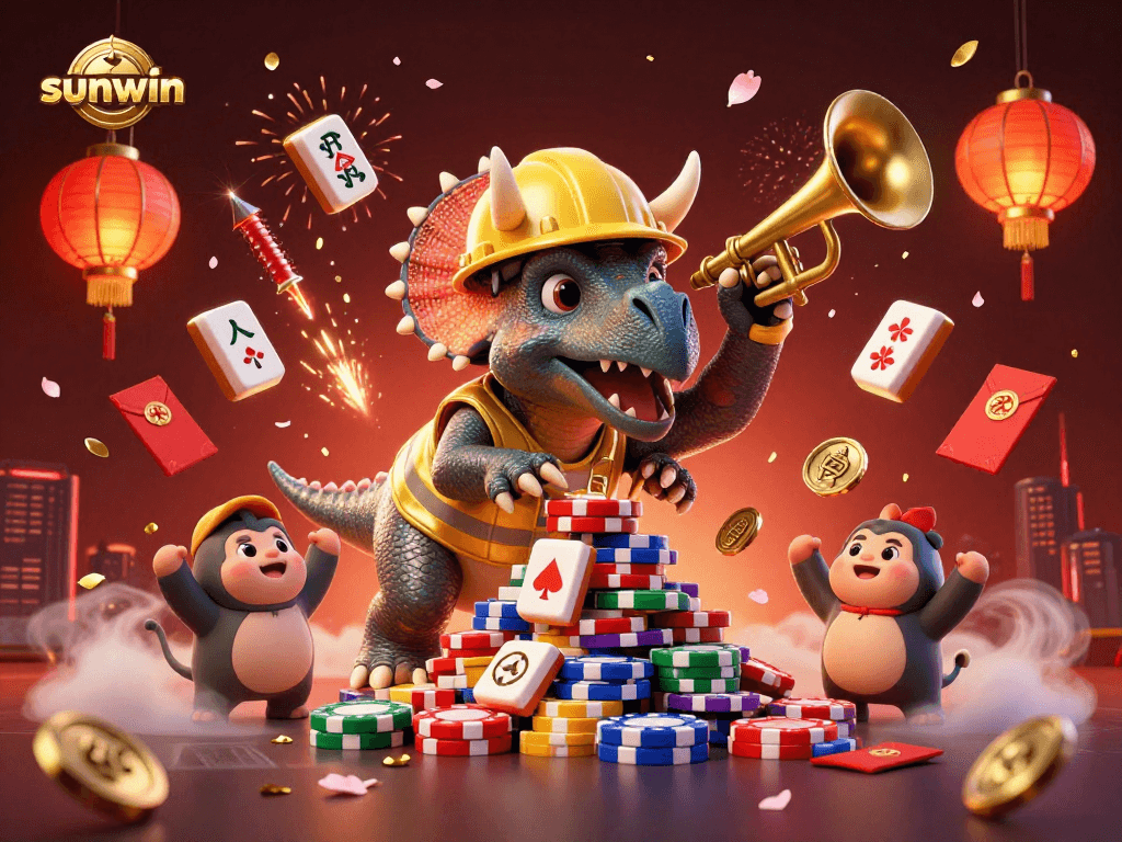 sunwin celebrates gaming with a triceratops and parasaurolophus building poker chip pyramids.