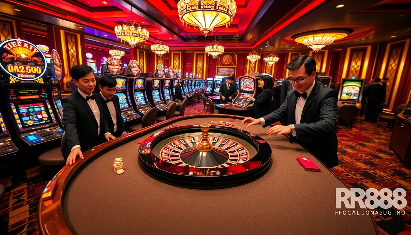 Players engaging at the RR88 roulette table in a luxurious casino setting, filled with excitement and anticipation.