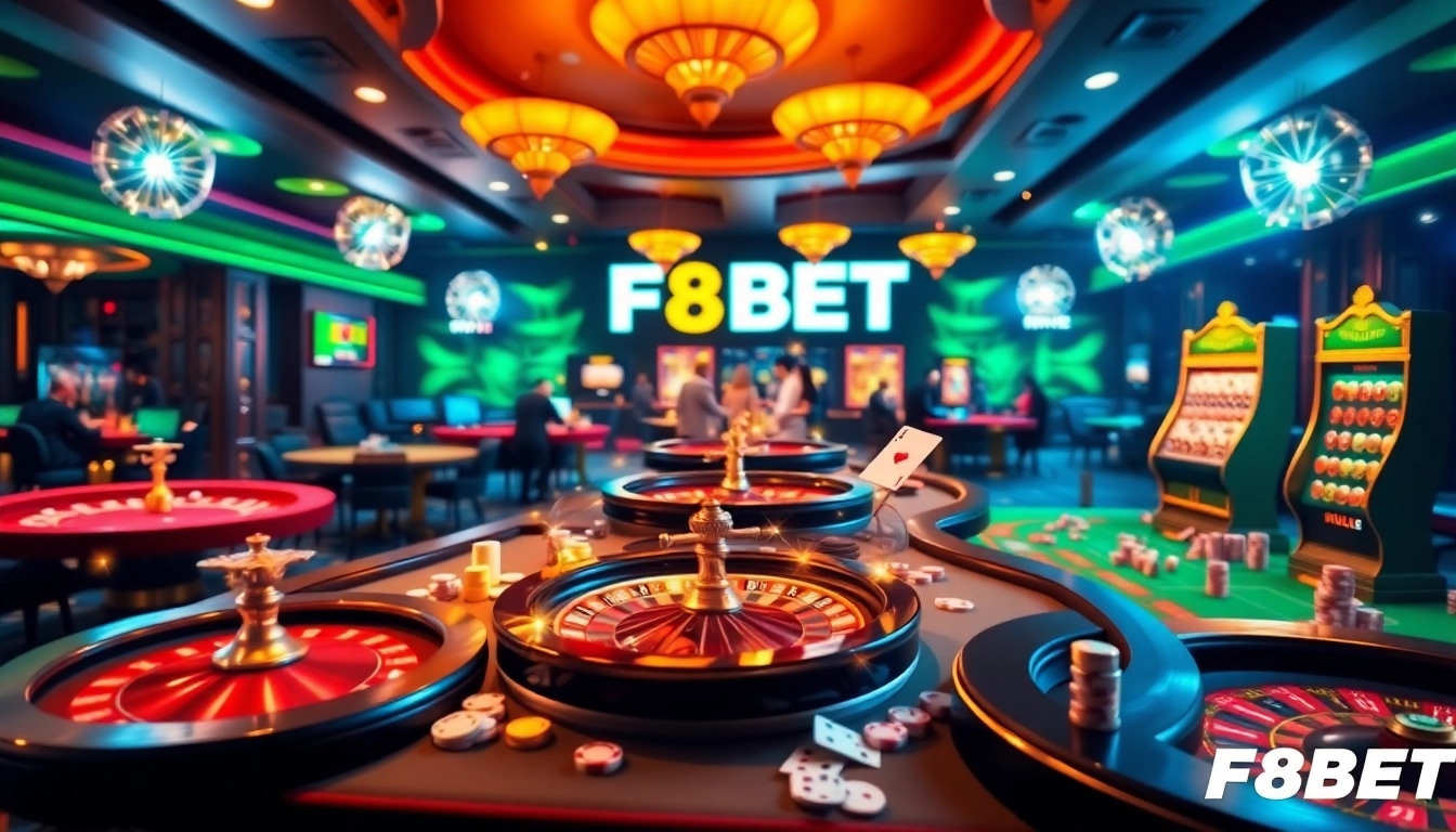 The vibrant atmosphere of trang chủ f8bet chính thức with captivating casino games and players experiencing excitement.