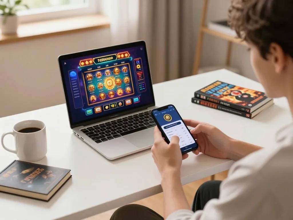 Engaging moment of tg88 đăng nhập on a smartphone in a stylish home office, emphasizing online casino entertainment.