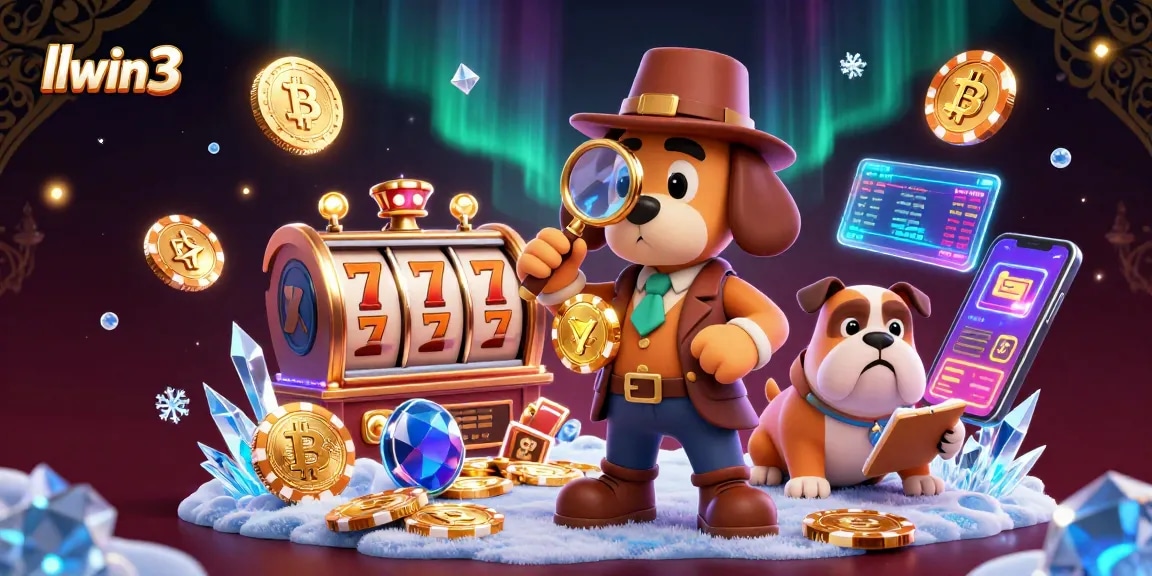 Spin the reels and win at llwin3 with a vibrant 3D casino scene featuring characters and crypto coins.