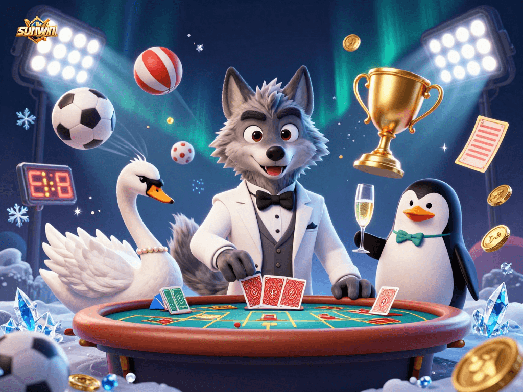 Experience sunwin's vibrant scene with a debonair wolf, elegant swan, and sophisticated penguin at a baccarat table bursting with sports elements.