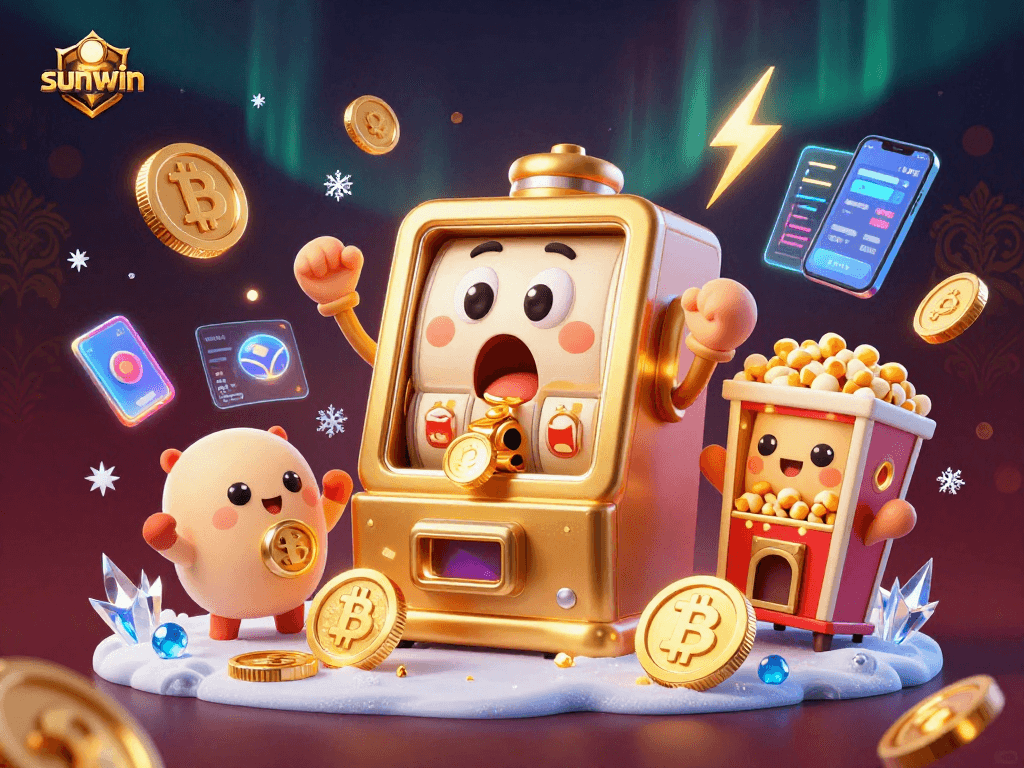sunwin slot machine celebrates a jackpot win surrounded by glowing crypto elements