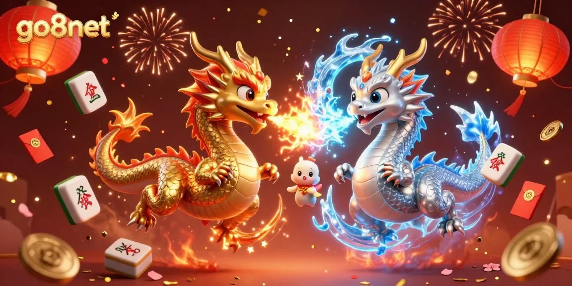 Experience exciting wins at go8net with fiery dragon battles in vibrant 3D illustration art.