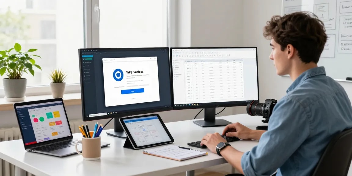 WPS Download interface on monitors in a bright modern workspace promoting productivity.