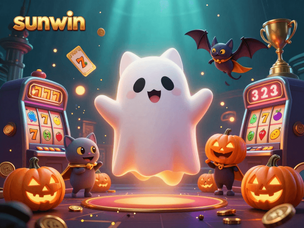 Experience the thrilling world of sunwin with a haunted casino scene featuring a friendly ghost cat and vibrant elements.
