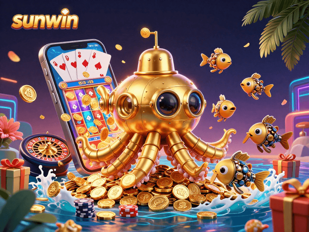 Experience sunwin’s vibrant gaming world with a 3D kraken submarine amidst exciting slot elements.