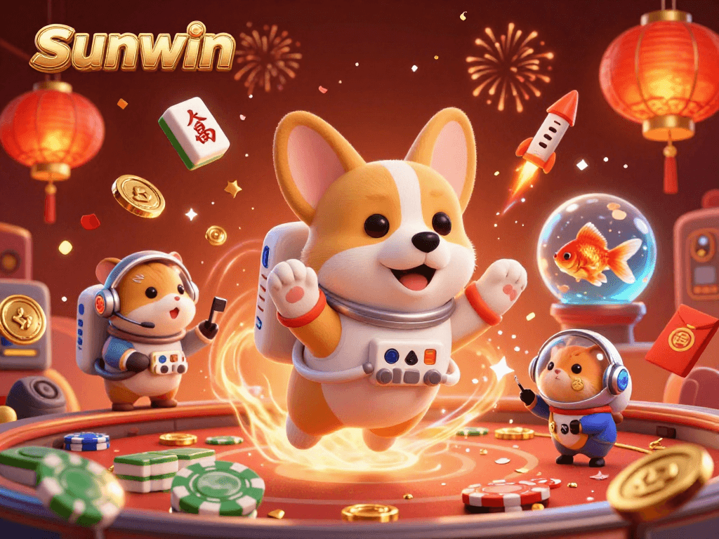 Engage with sunwin's immersive casino experience in a vibrant floating space scene.
