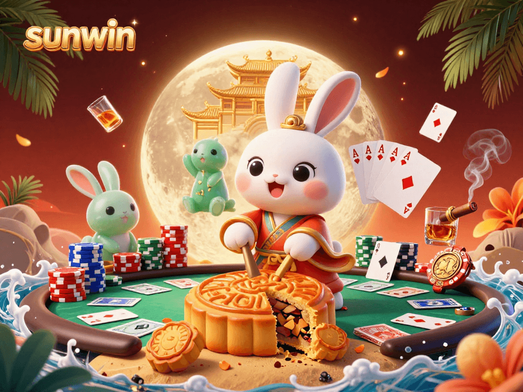Sunwin enhances winning strategies with a vibrant 3D casino scene featuring moon rabbits and poker elements.