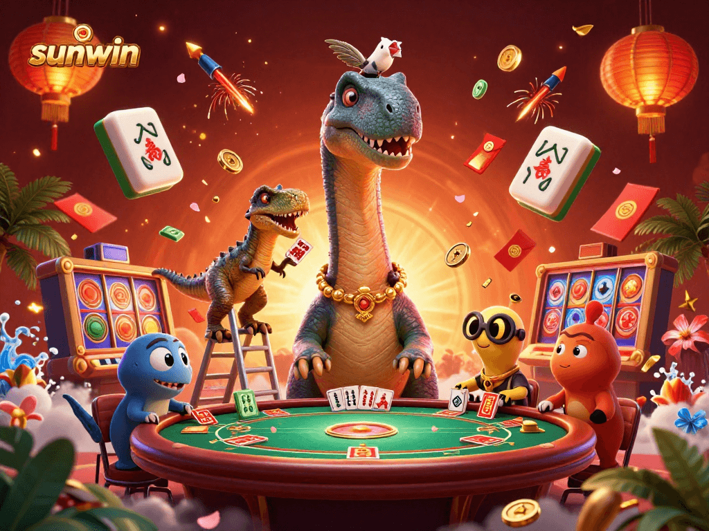 Experience the excitement of sunwin with a lively 3D casino scene featuring a towering brontosaurus and a clever raptor.
