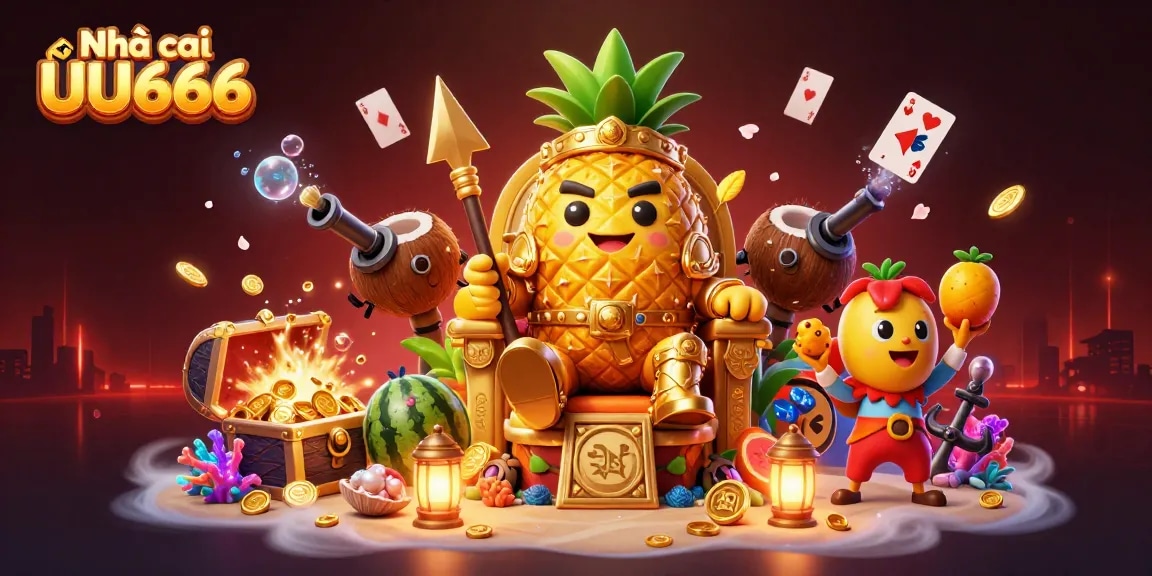 Engage with Nhà cái UU666 at a vibrant beach casino, featuring a golden pineapple king and lively elements.