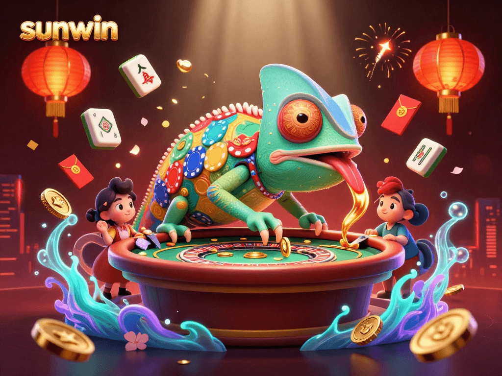 Engage with the thrilling vibe of sunwin's virtual casino, where a chameleon owner captures golden coins amid festive elements.