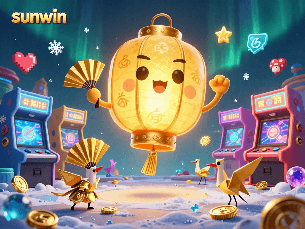 Experience the vibrant sunwin gaming scene with a glowing lantern spirit and dynamic casino elements.