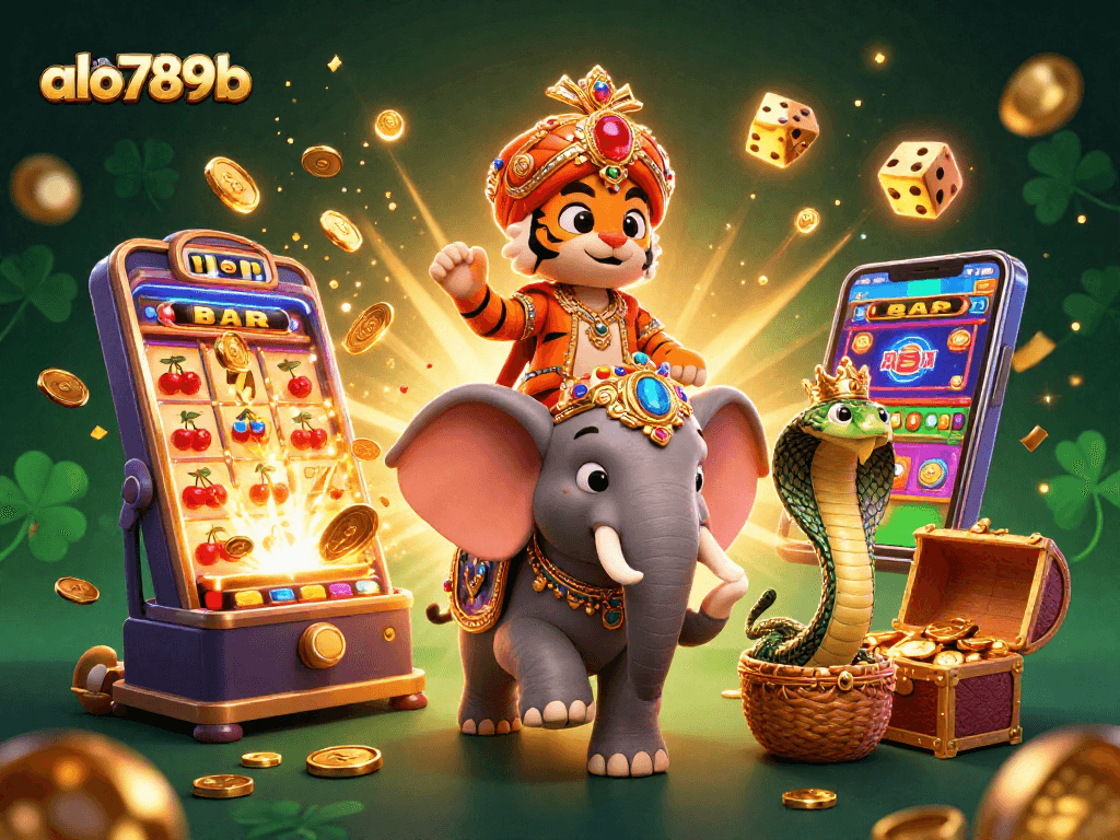 A thrilling scene of the alo789b online casino featuring a cartoon tiger, elephant, and cobra amidst energetic gambling icons.