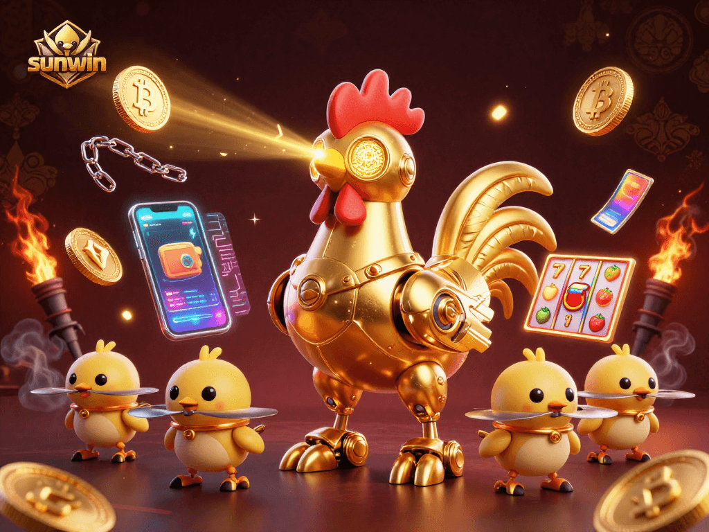 Engage with sunwin's thrilling slots in this 3D illustration showcasing action-packed gaming elements.