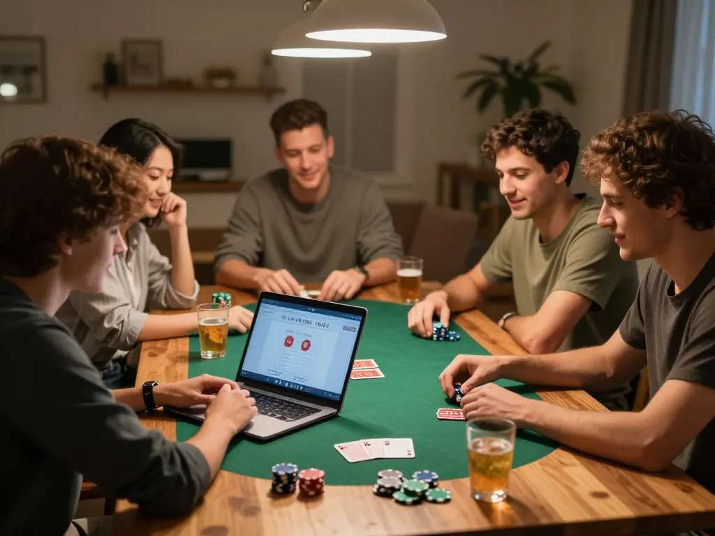 Friends enjoying online poker gameplay on a laptop, showcasing keonhacaii strategies and fun.
