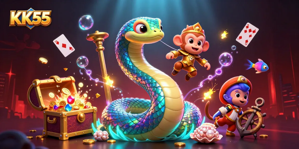 Experience KK55's vibrant casino atmosphere with a playful monkey king, shimmering serpent, and treasure-filled underwater scene.