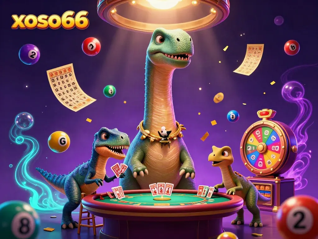 Experience the thrilling world of xoso66 with a dynamic casino scene featuring a giant brontosaurus.