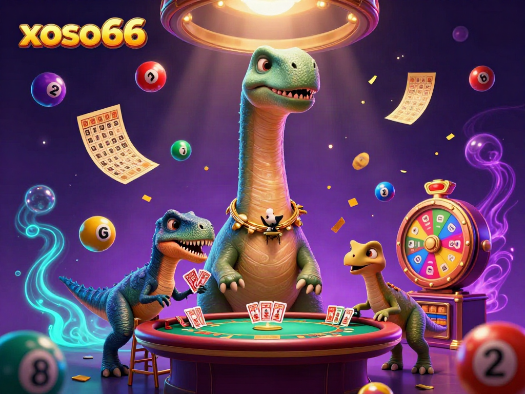 Experience the thrilling world of xoso66 with a dynamic casino scene featuring a giant brontosaurus.