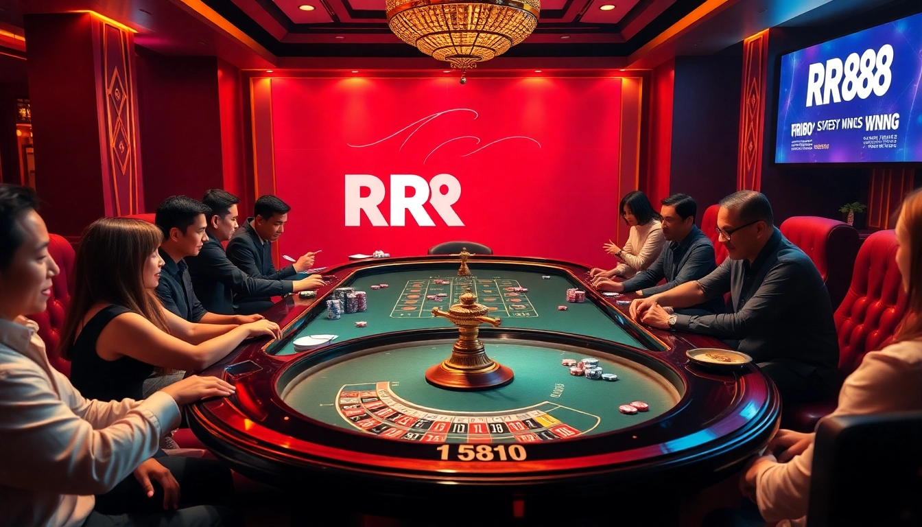 Excited players engaging at the RR88 casino table with poker chips and a roulette wheel.
