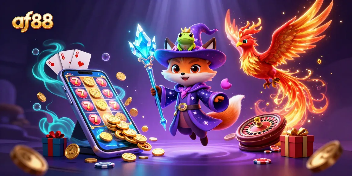 Play thrilling slots with af88 in this captivating 3D casino scene filled with vibrant game elements.