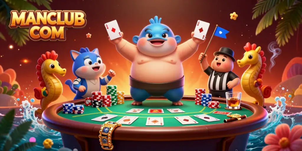 Join the exciting world of MANCLUB COM with a vibrant underwater poker scene featuring a puffed-up fugu.