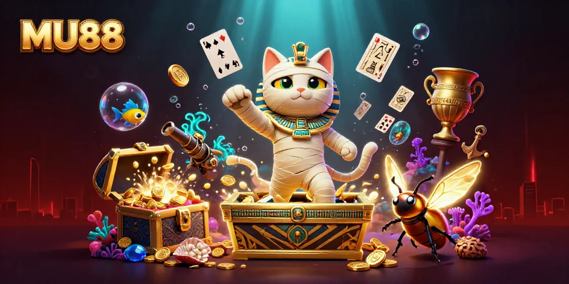Experience the excitement at MU88 with a vibrant 3D casino illustration featuring classic elements.