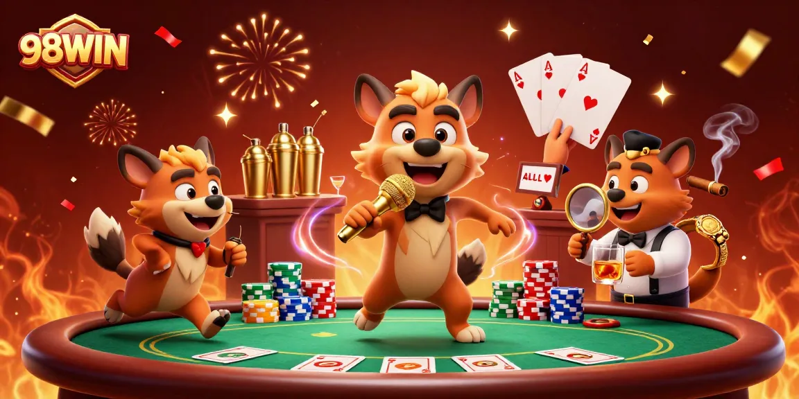 Experience 98WIN’s dynamic casino with hyenas in action, showcasing poker thrills and vibrant atmosphere.