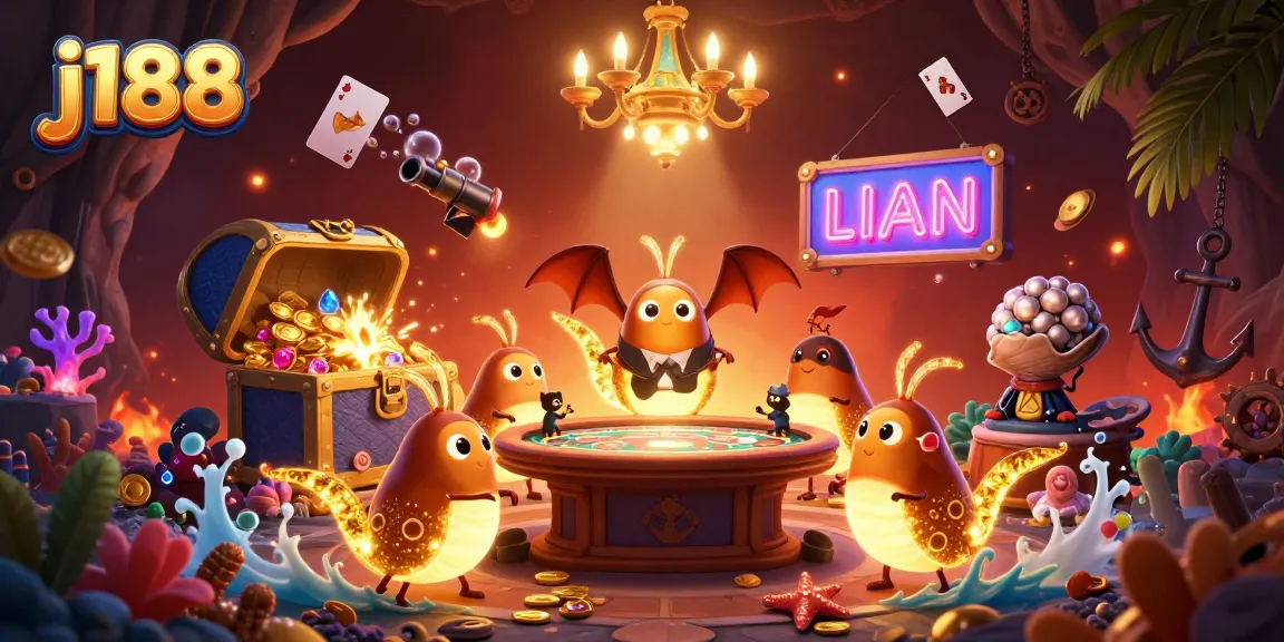 Experience gaming at j188 with glowworms and a bat dealer in a fantastical casino scene.