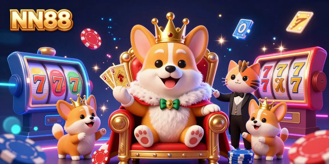 Experience the excitement of NN88 with a lively royal corgi and vibrant casino elements in a dynamic gaming scene.