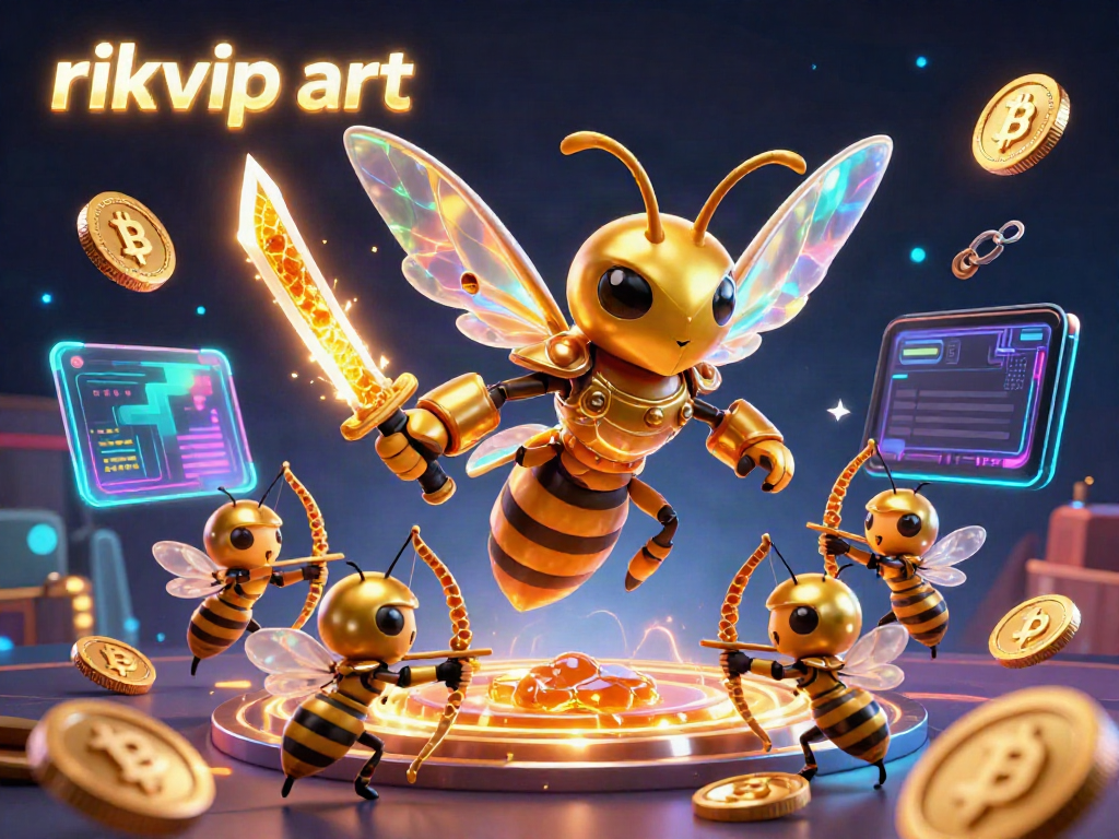 Engage in thrilling casino adventures with rikvip art, featuring a golden hornet wielding honey katanas amidst vibrant crypto elements.