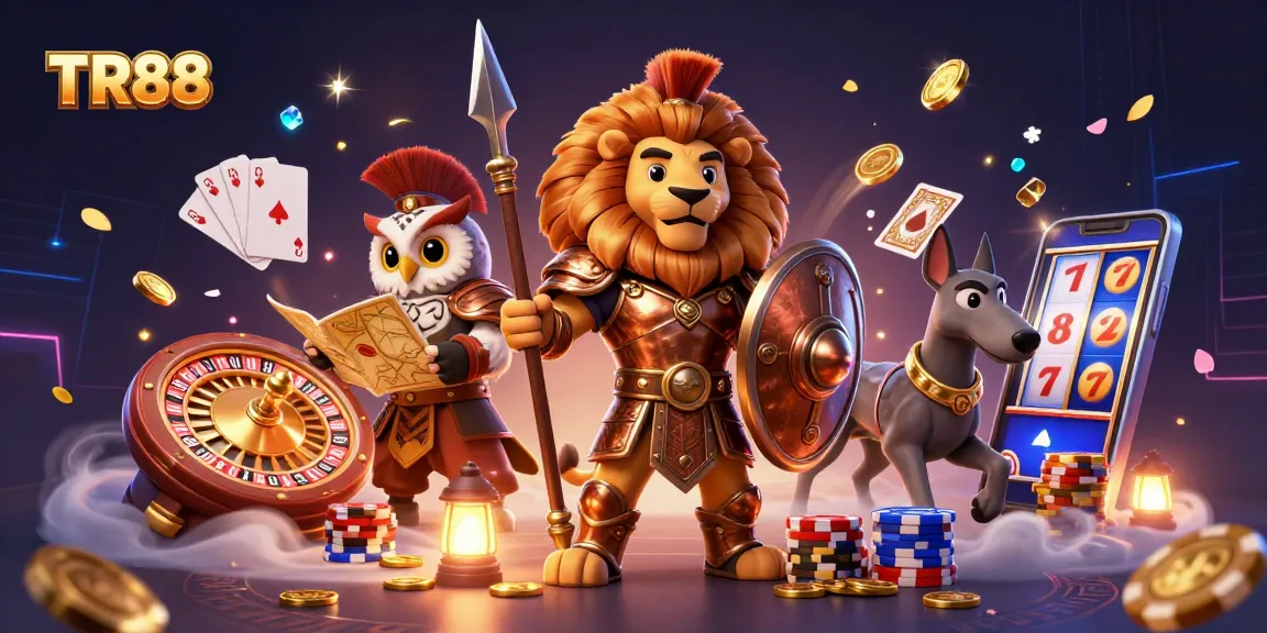 Experience excitement at TR88 with a roaring lion, tactical owl, and swift greyhound amidst dazzling casino elements.