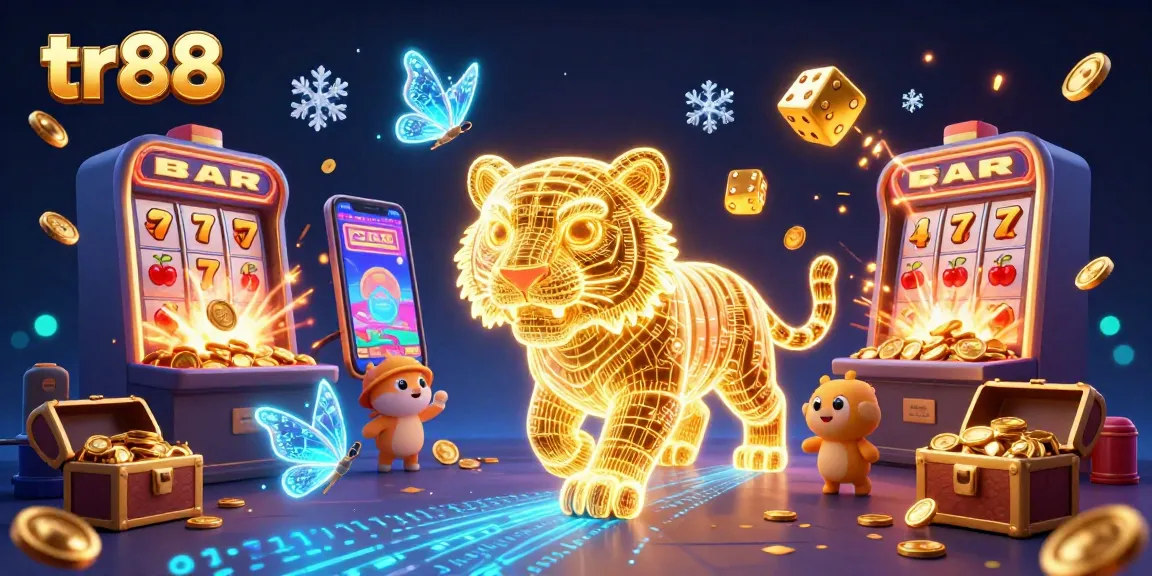 Experience the thrilling atmosphere of tr88's casino with a neon-light tiger and exciting slot machine visuals.