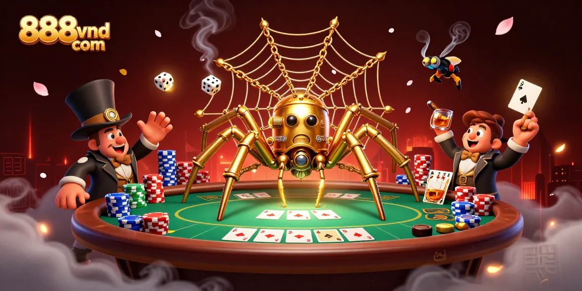 Engage with 888vnd com's vibrant casino scene featuring a golden spider and poker elements.