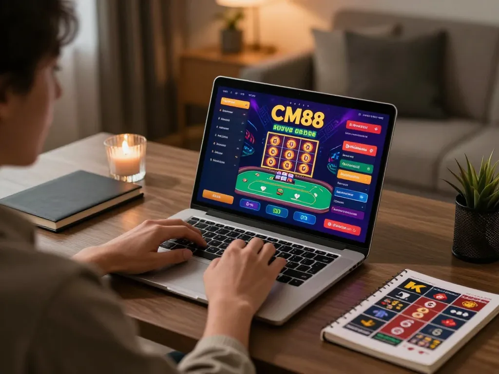 Engaging player strategizing online gambling at CM88 with laptop and betting notes.