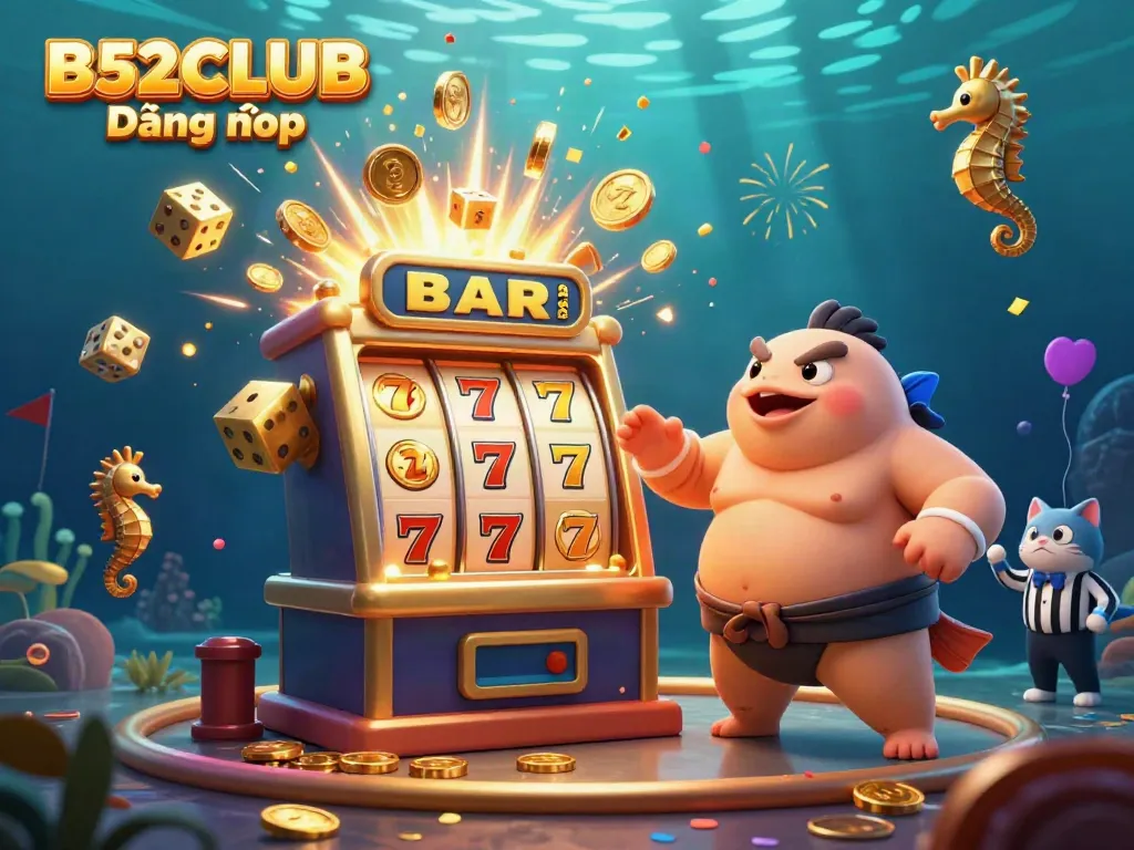 Win big at B52CLUB Đăng nhập with an underwater casino scene, featuring a jackpot slot machine.