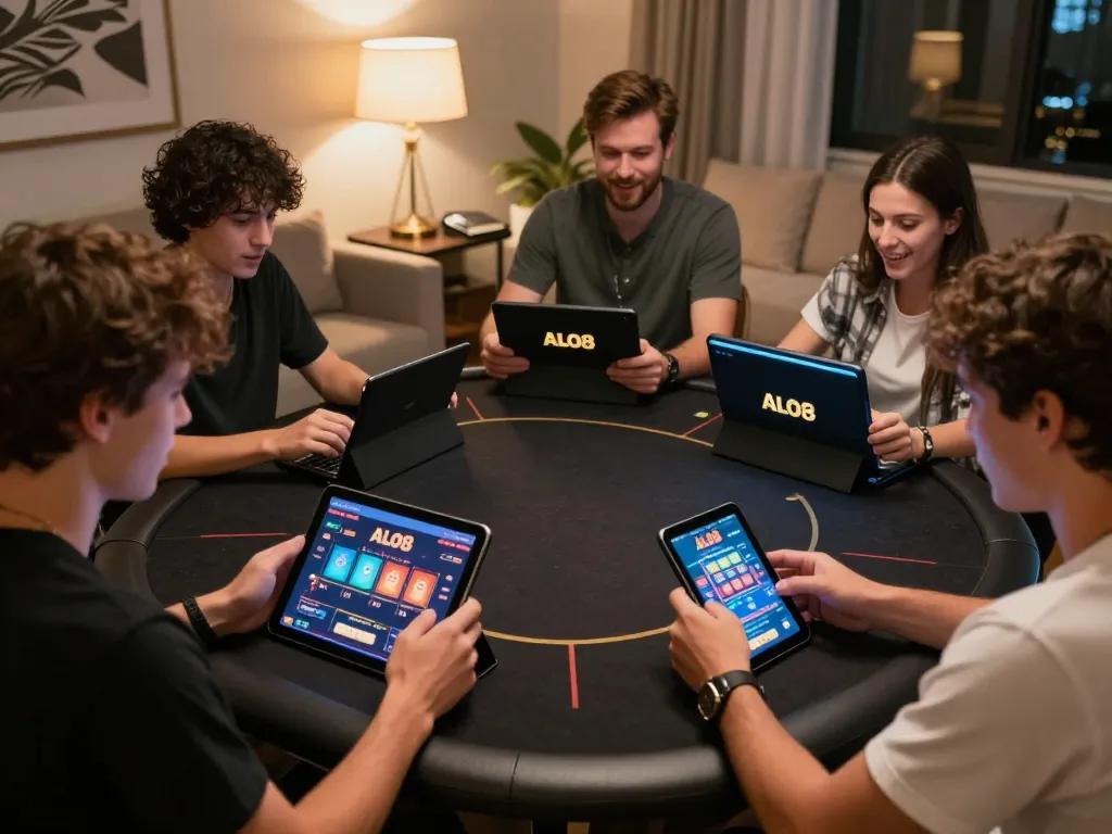Players enjoying online gambling on ALO8 platform from home, engaging with tablets and smartphones.