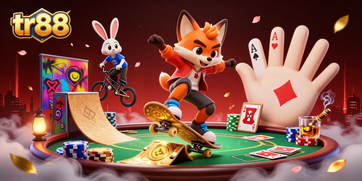 Experience exciting gaming with tr88 as a fox does tricks over golden poker chips.