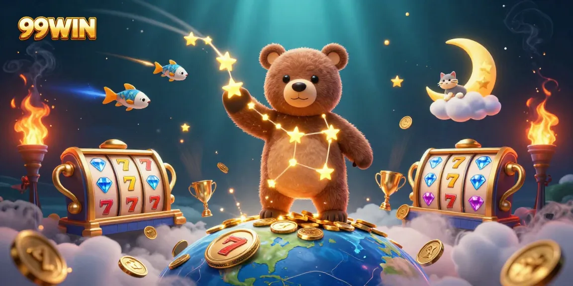 Engage with 99WIN's vibrant gaming experience featuring golden elements and vivid illustrations.