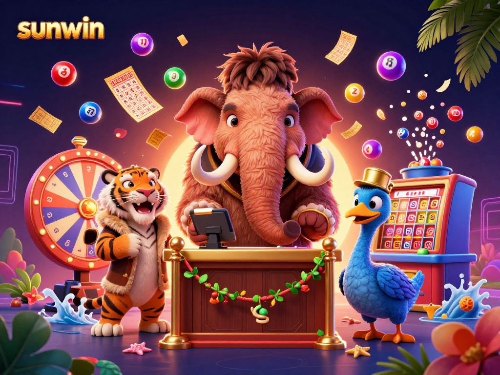Engage in thrilling gameplay at sunwin, featuring a vibrant casino scene with dynamic lottery elements.