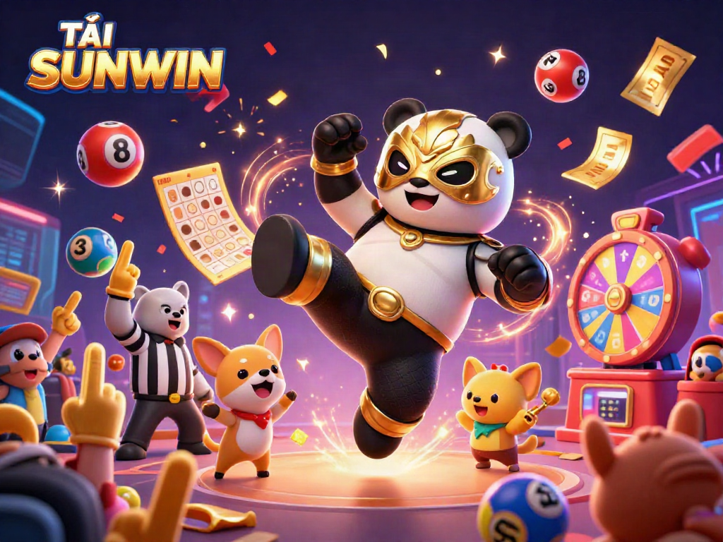 Experience thrilling wins with TẢI SUNWIN as a panda wrestler kicks through a festive casino scene.
