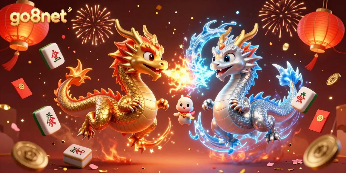 Experience exciting wins at go8net with fiery dragon battles in vibrant 3D illustration art.